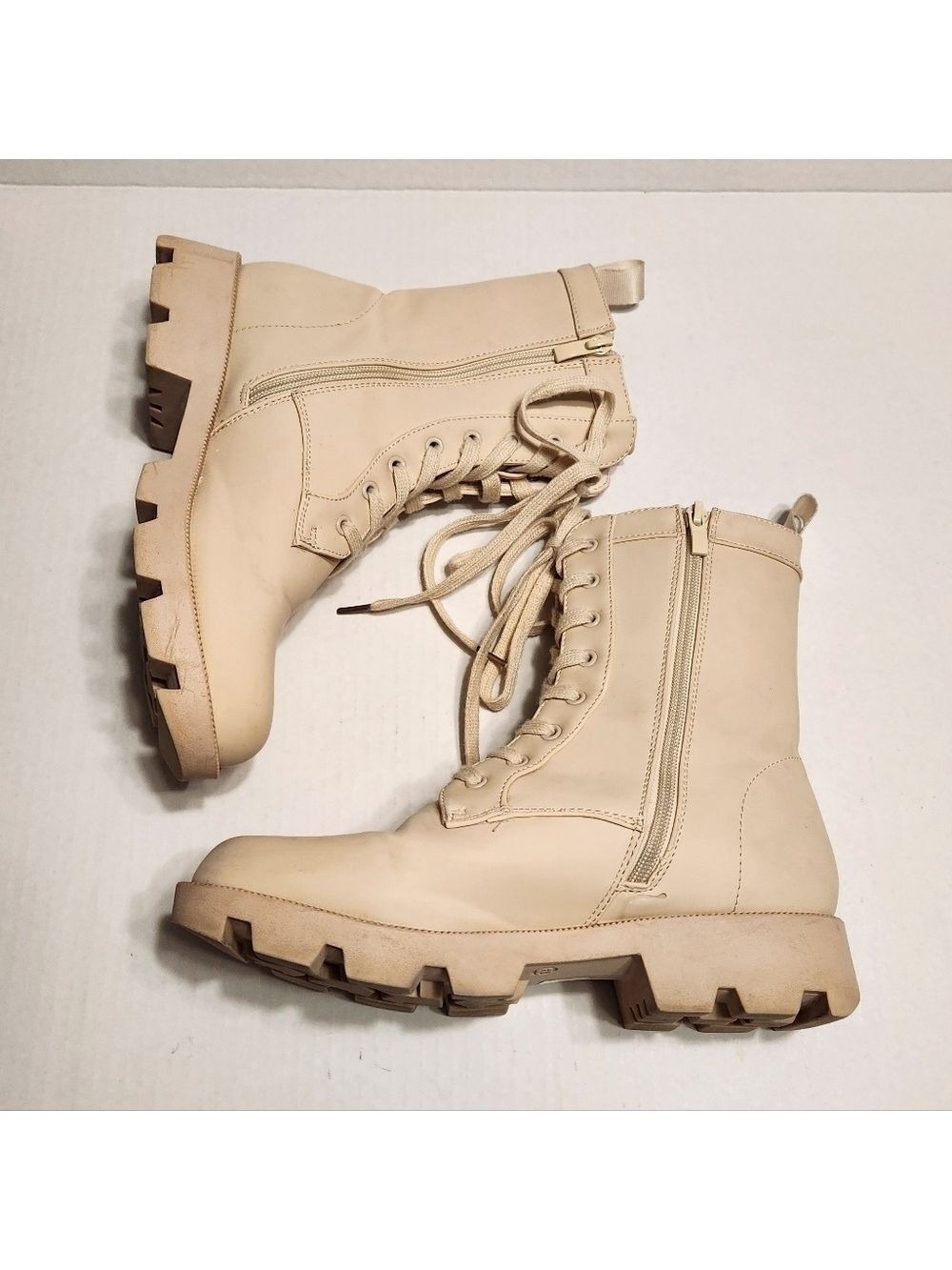 Faux Leather Lace Up Platform Ankle Combat Boots Cream Size 8 - Picture 3 of 11